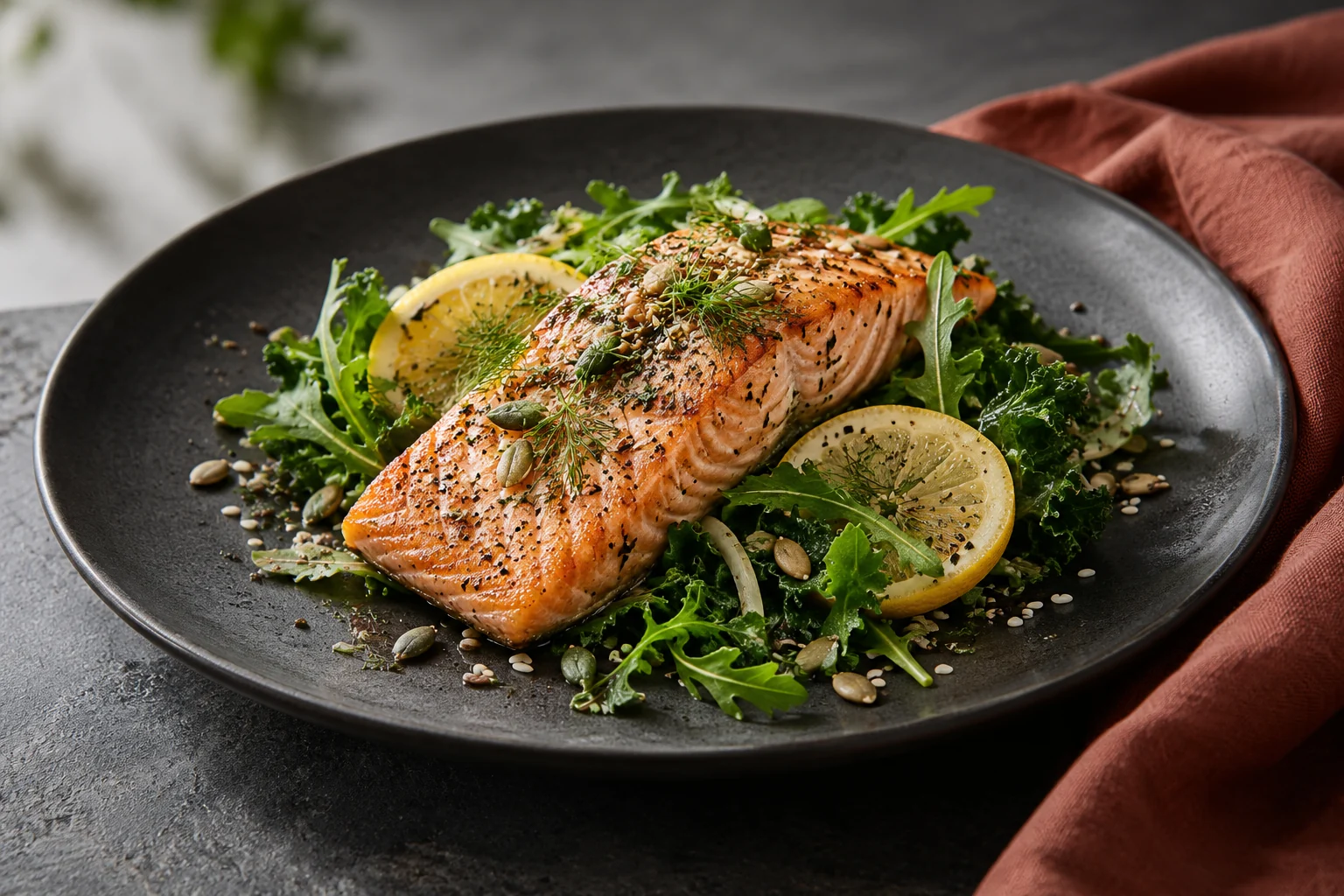 Salmon with lemon on a ceramic plate